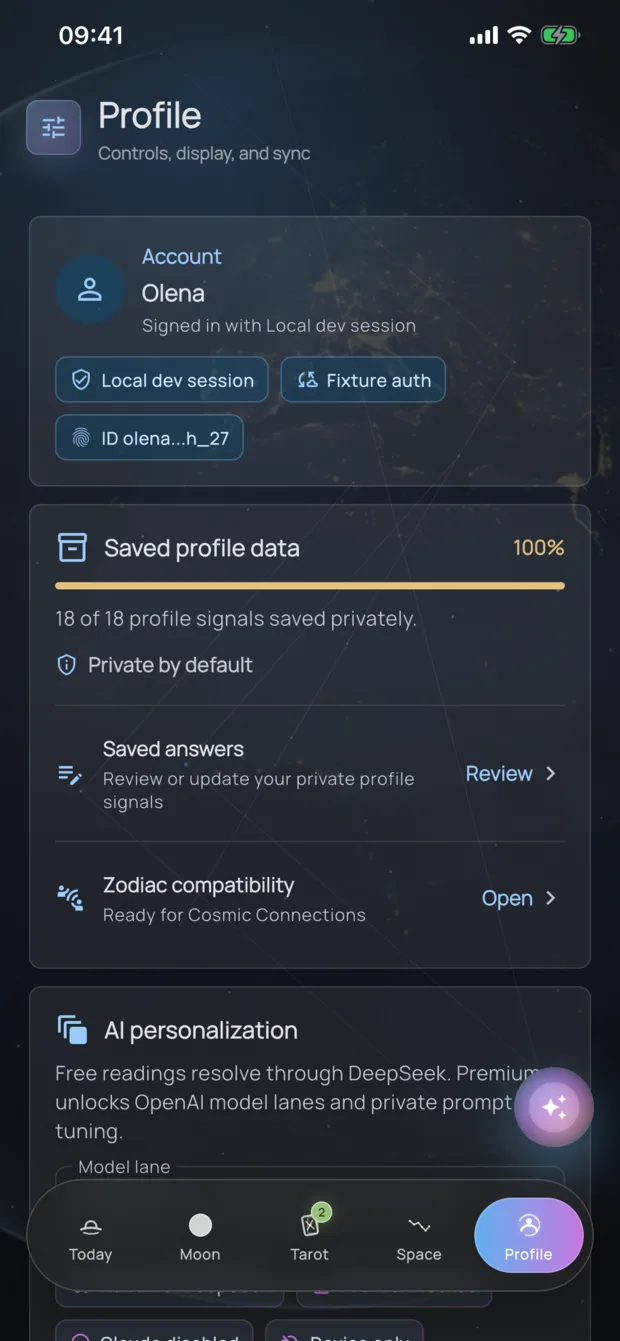 AstroMate profile controls screen